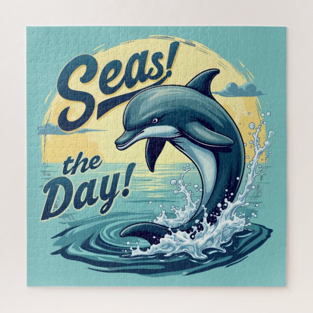 Seas the Day Retro Dolphin Ocean Aesthetic Jigsaw Puzzle (Vertical)