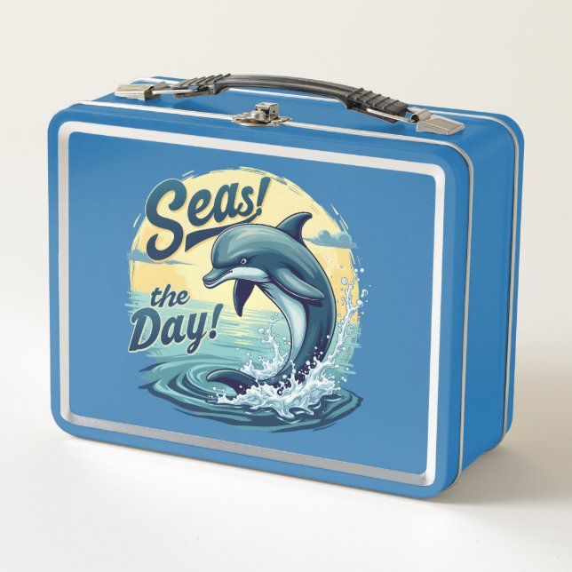 Seas the Day Retro Dolphin Ocean Aesthetic Metal Lunch Box (Front)
