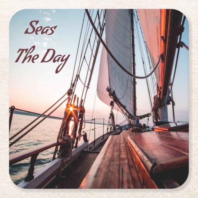 Seas The Day Sailing Boating Ocean Square Paper Coaster (Front)