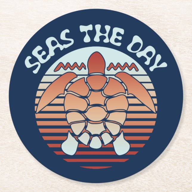 Seas The Day | Summer Vibes Turtle Round Paper Coaster (Front)