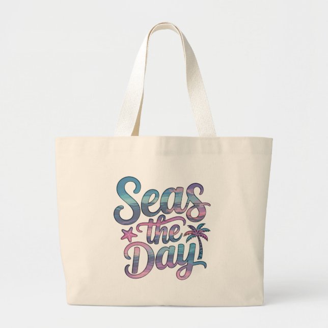 Seas the Day Tropical Beach Summer Sailing Fun Large Tote Bag (Front)