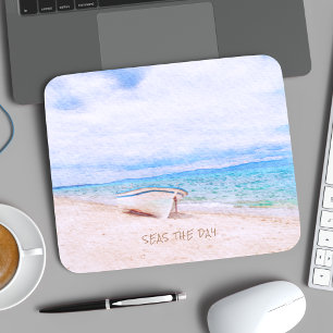 Seas The Day Watercolor Beached Fishing Boat Mouse Pad