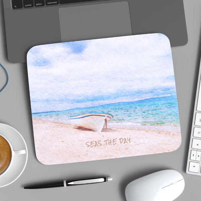 Seas The Day Watercolor Beached Fishing Boat Mouse Pad (Creator Uploaded)