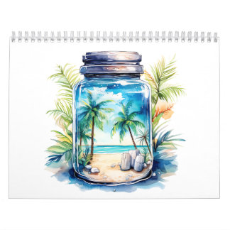 Seascape and coconut tree in a glass jar calendar