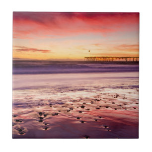 Seascape and pier at sunset, CA Ceramic Tile