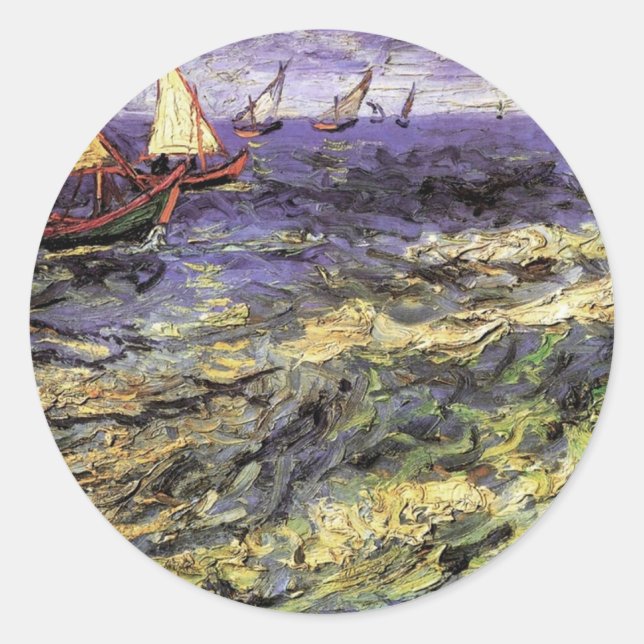 Seascape at Saintes-Maries by Vincent van Gogh Classic Round Sticker (Front)