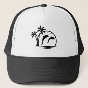 Seascape Dolphin Jumping Palm Tree Ocean Trucker Hat