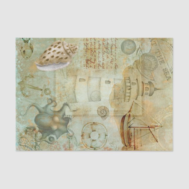 Seascape Lighthouse Octopus Vintage Tissue Paper (Front)