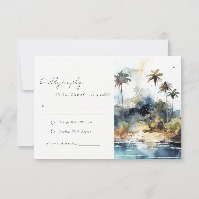Seascape Palm Tree Island Watercolor Wedding RSVP Card (Front)