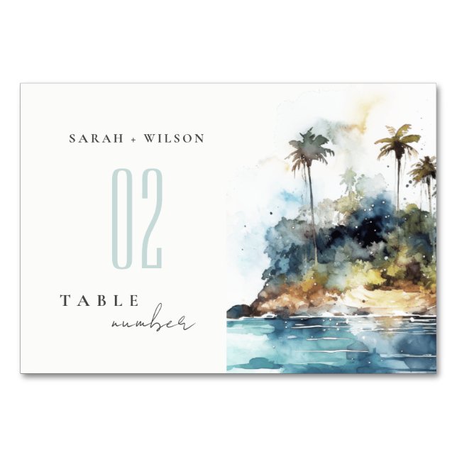Seascape Palm Tree Island Watercolor Wedding Table Number (Front)