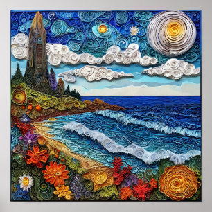 🌊 Seascape Quilling Paper Art Ocean Wave Coastal Poster