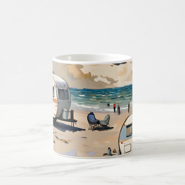 Seascape, Vintage Caravan on the Beach  Coffee Mug (Center)