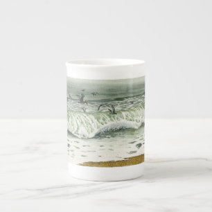 Seascape with pelicans flying over the waves bone china mug