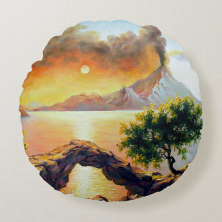 Seascape with the eruption of the volcano, oil on  round cushion