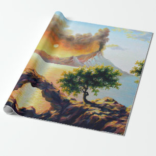 Seascape with the eruption of the volcano, oil on wrapping paper