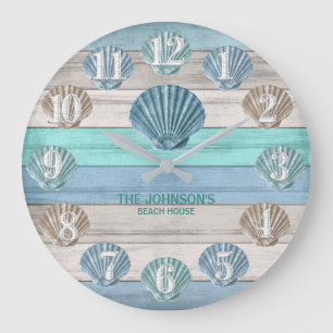Seashell and Beach Wood Nautical - Blue Teal Large Clock