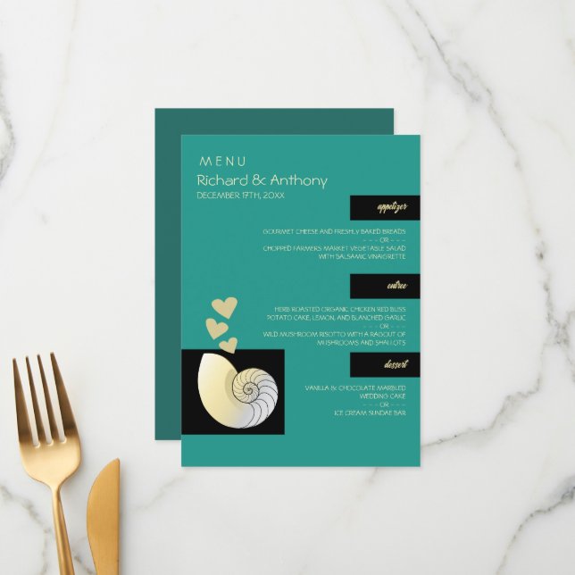 Seashell and Hearts, Beach Wedding Menu (Front/Back In Situ)