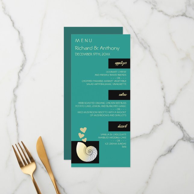 Seashell and Hearts, Beach Wedding Menu (Front/Back In Situ)