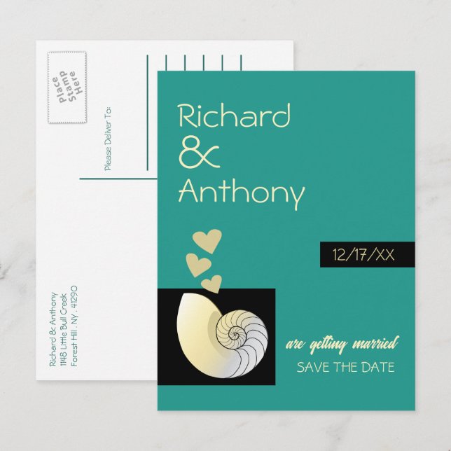 Seashell and Hearts, Beach Wedding Save the Date Announcement Postcard (Front/Back)