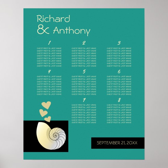 Seashell and Hearts, Beach Wedding Table Plan Poster (Front)