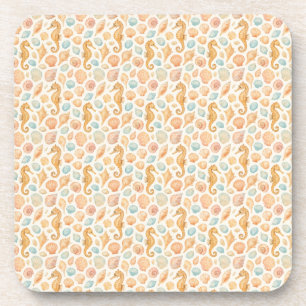 Seashell and seahorse watercolor pattern coaster