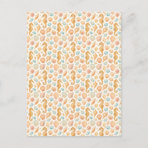 Seashell and seahorse watercolor pattern invitation postcard