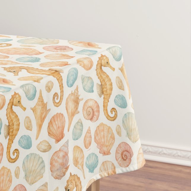 Seashell and seahorse watercolor pattern tablecloth (In Situ)