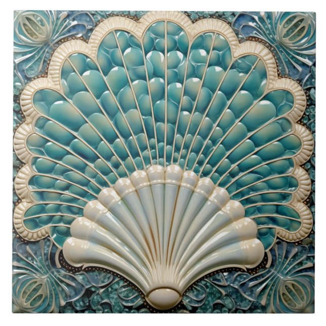 Seashell Aquamarine Art Deco Inspired Ceramic Tile (Front)