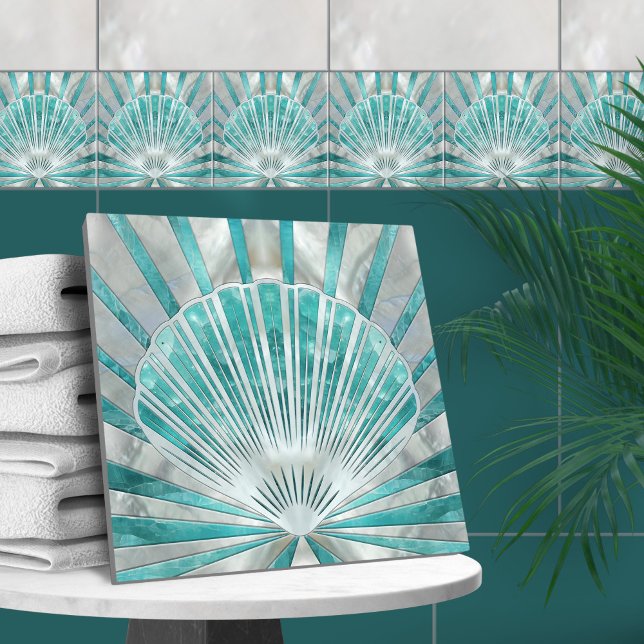 Seashell Art Deco -Aquamarine and Pearl Ceramic Tile (Creator Uploaded)