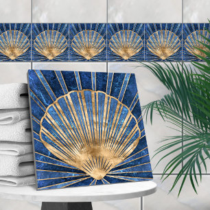 Seashell Art Deco - Blue Marble and Gold Ceramic Tile