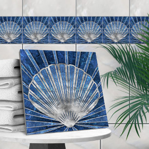 Seashell Art Deco - Blue Marble and Silver Ceramic Tile