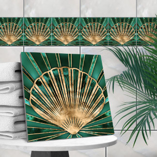 Seashell Art Deco -Malachite and Gold Ceramic Tile