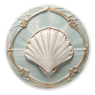 Seashell Art Nouveau Faux Relief Mint Blue & Gold Ceramic Knob