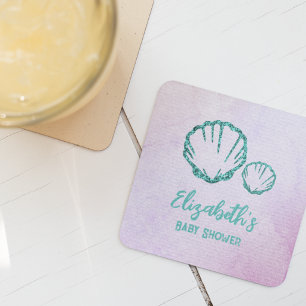 Seashell Baby Shower Square Paper Coaster