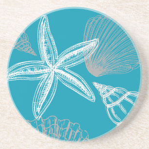 Seashell Beach House Aqua Blue Starfish Round Coaster