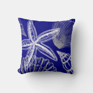 Seashell Beach House Coastal Blue White Starfish Cushion