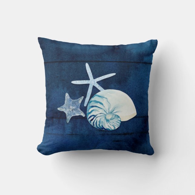 Seashell Beach House Navy Coral Nautilus Starfish Cushion (Front)