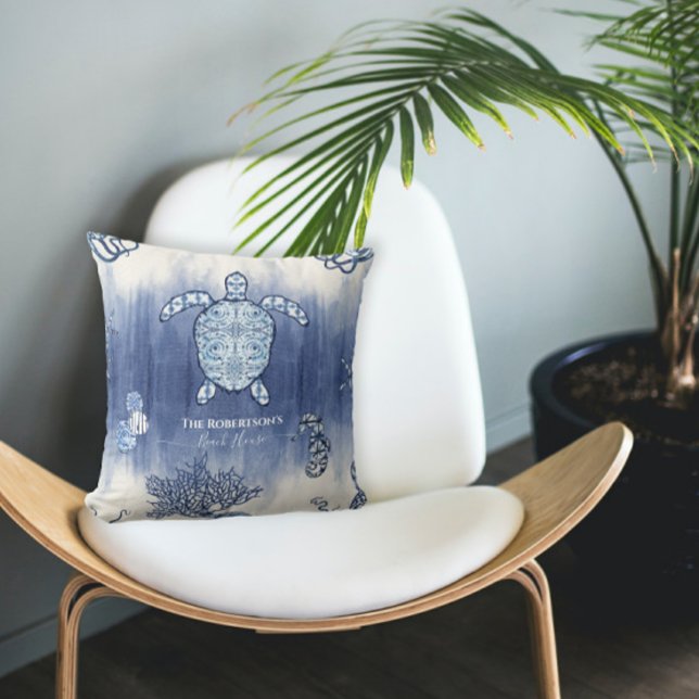 Seashell Beach House Navy Sea Turtle Seahorse Name Cushion (Creator Uploaded)