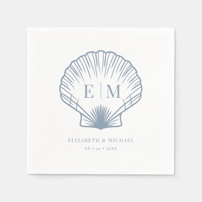 Seashell Beach Monogram Dusty Blue Wedding Napkin (Front)