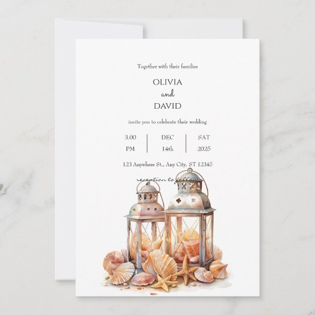 Seashell Beach Summer décor Lanterns Wedding  Invitation (Front)