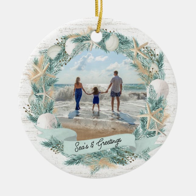 Seashell Beach Tropical Wreath with Photo Ceramic Ornament (Front)