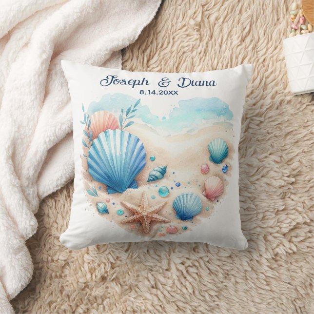 Seashell Beach Valentine Anniversary Names Cushion (Blanket)