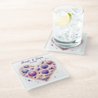 Seashell Beach Valentine Anniversary Names Glass Coaster