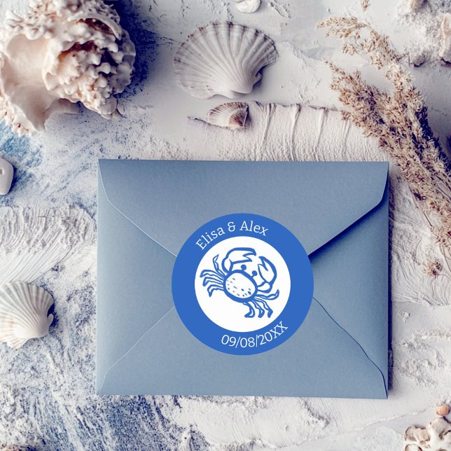 Seashell Beach Wedding Blue White CUSTOM  Classic Round Sticker (Seashell Beach Wedding Blue White CUSTOM Classic Round Sticker
)