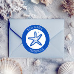 Seashell Beach Wedding Blue White CUSTOM  Classic Round Sticker<br><div class="desc">Perfect cute sticker for a fun wedding! Hand made art for you! Perfect for a wedding, seaside bridal shower, bachelorette party, engagement party, or birthday. FULLY CUSTOMIZABLE! Click "personalise" to edit the text. Click "edit using design tool" to adjust the fonts, colours and placements and to add text if you...</div>