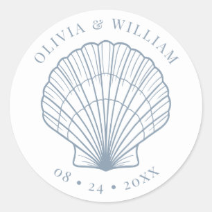 Seashell Beach Wedding Coastal Dusty Blue Classic Round Sticker