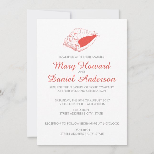Seashell Beach Wedding Invitation (coral) (Front)