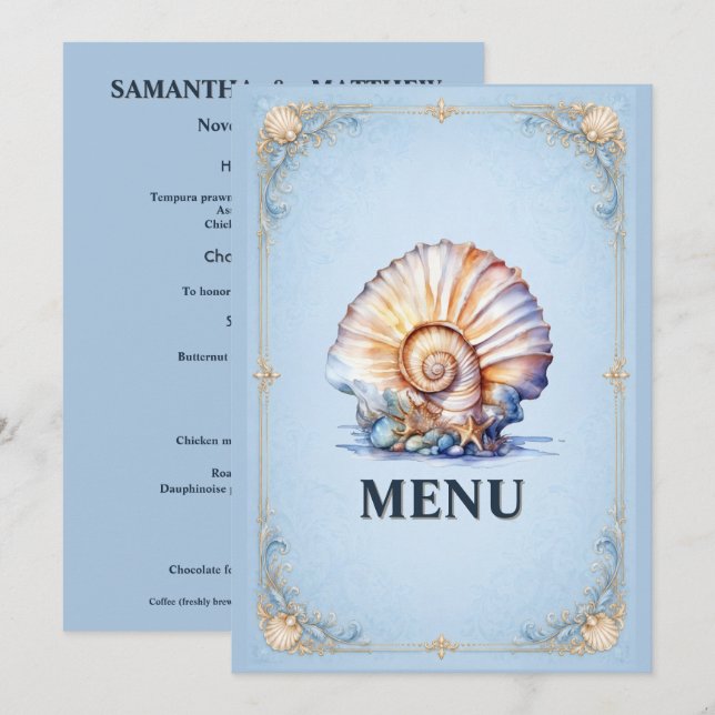 Seashell beach wedding nautical conch shell menu (Front/Back)