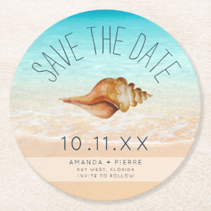 Seashell Beach Wedding Save the Date Round Paper Coaster