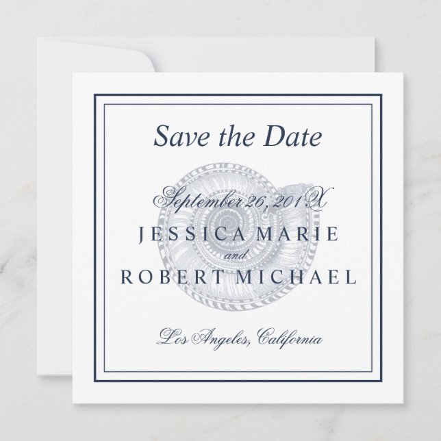 Seashell Beach Wedding Save the Date Square - Navy (Front)